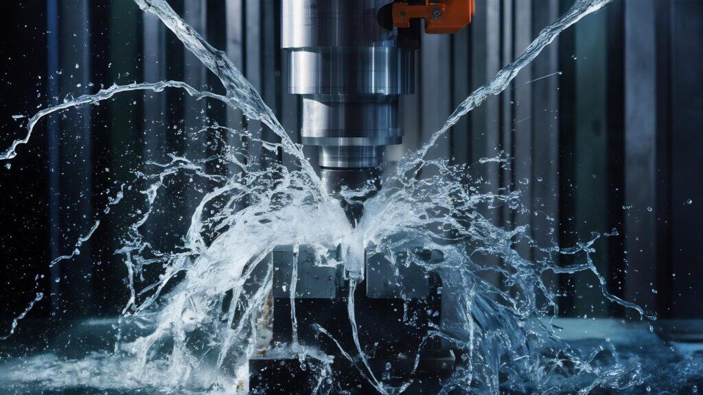 CNC machining process with water coolant at Wesco Machine Works.